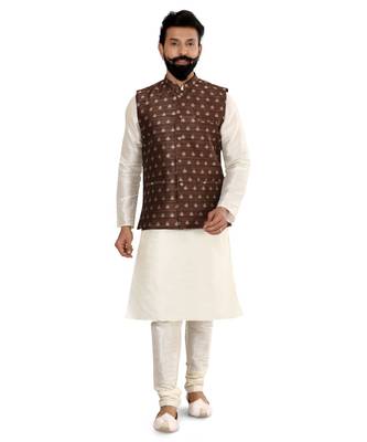 Men Brown Jacquard Silk Nehru Jacket with Plain White Dupion Silk Kurta Churidar 2