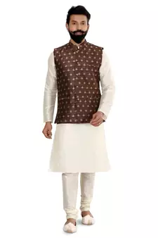 Men Brown Jacquard Silk Nehru Jacket with Plain White Dupion Silk Kurta Churidar