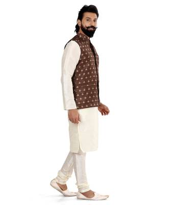 Men Brown Jacquard Silk Nehru Jacket with Plain White Dupion Silk Kurta Churidar 3