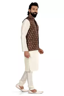 Men Brown Jacquard Silk Nehru Jacket with Plain White Dupion Silk Kurta Churidar