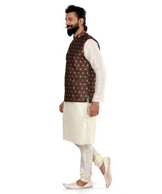 Men Brown Jacquard Silk Nehru Jacket with Plain White Dupion Silk Kurta Churidar 4
