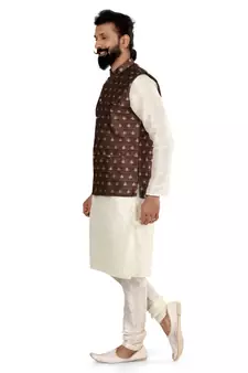 Men Brown Jacquard Silk Nehru Jacket with Plain White Dupion Silk Kurta Churidar