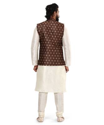 Men Brown Jacquard Silk Nehru Jacket with Plain White Dupion Silk Kurta Churidar 5