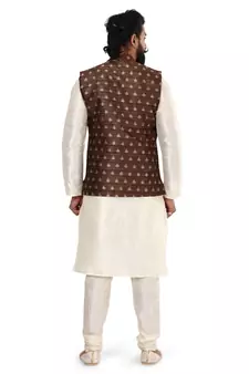 Men Brown Jacquard Silk Nehru Jacket with Plain White Dupion Silk Kurta Churidar