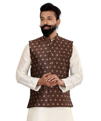 Men Brown Jacquard Silk Nehru Jacket with Plain White Dupion Silk Kurta Churidar 6