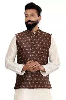 Men Brown Jacquard Silk Nehru Jacket with Plain White Dupion Silk Kurta Churidar