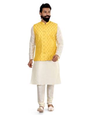 Men Yellow Cotton Silk Nehru Jacket with Plain White Dupion Silk Kurta Churidar 2