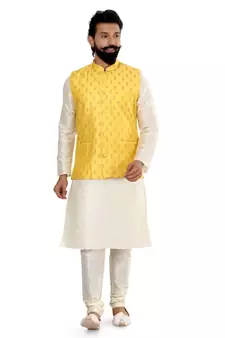 Men Yellow Cotton Silk Nehru Jacket with Plain White Dupion Silk Kurta Churidar