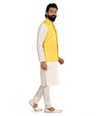 Men Yellow Cotton Silk Nehru Jacket with Plain White Dupion Silk Kurta Churidar 3