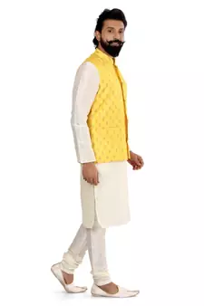 Men Yellow Cotton Silk Nehru Jacket with Plain White Dupion Silk Kurta Churidar