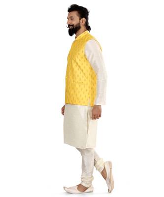 Men Yellow Cotton Silk Nehru Jacket with Plain White Dupion Silk Kurta Churidar 4