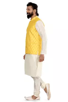 Men Yellow Cotton Silk Nehru Jacket with Plain White Dupion Silk Kurta Churidar