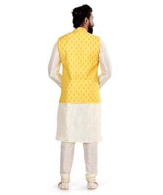Men Yellow Cotton Silk Nehru Jacket with Plain White Dupion Silk Kurta Churidar 5