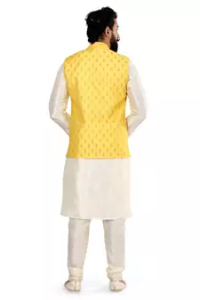 Men Yellow Cotton Silk Nehru Jacket with Plain White Dupion Silk Kurta Churidar