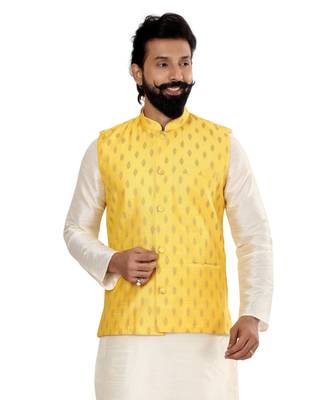Men Yellow Cotton Silk Nehru Jacket with Plain White Dupion Silk Kurta Churidar 6