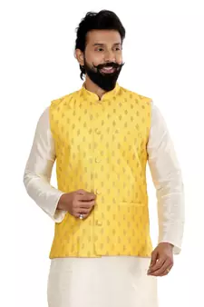Men Yellow Cotton Silk Nehru Jacket with Plain White Dupion Silk Kurta Churidar