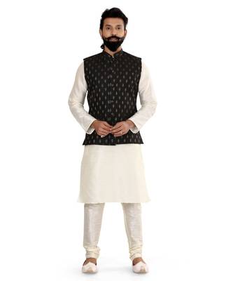 Men Black Cotton Silk Nehru Jacket with Plain White Dupion Silk Kurta Churidar 2