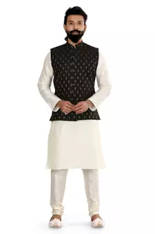 Men Black Cotton Silk Nehru Jacket with Plain White Dupion Silk Kurta Churidar