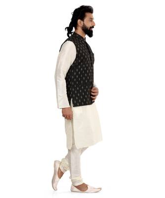 Men Black Cotton Silk Nehru Jacket with Plain White Dupion Silk Kurta Churidar 3