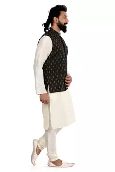 Men Black Cotton Silk Nehru Jacket with Plain White Dupion Silk Kurta Churidar