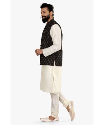 Men Black Cotton Silk Nehru Jacket with Plain White Dupion Silk Kurta Churidar 4