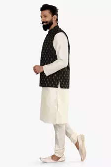 Men Black Cotton Silk Nehru Jacket with Plain White Dupion Silk Kurta Churidar