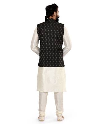 Men Black Cotton Silk Nehru Jacket with Plain White Dupion Silk Kurta Churidar 5
