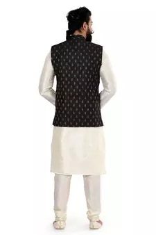 Men Black Cotton Silk Nehru Jacket with Plain White Dupion Silk Kurta Churidar
