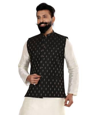 Men Black Cotton Silk Nehru Jacket with Plain White Dupion Silk Kurta Churidar 6
