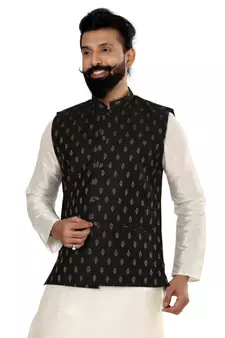 Men Black Cotton Silk Nehru Jacket with Plain White Dupion Silk Kurta Churidar