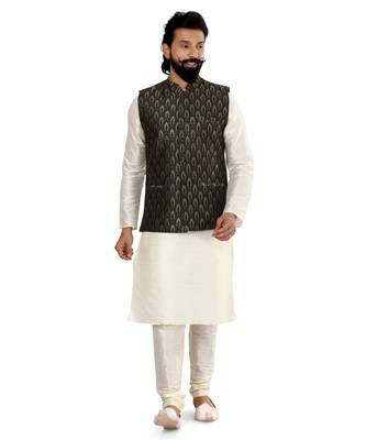 Men Black Jacquard Silk Nehru Jacket with Plain White Dupion Silk Kurta Churidar 2