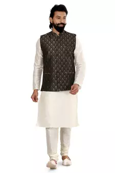 Men Black Jacquard Silk Nehru Jacket with Plain White Dupion Silk Kurta Churidar
