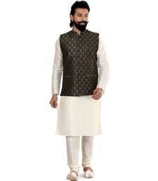 Men Black Jacquard Silk Nehru Jacket with Plain White Dupion Silk Kurta Churidar