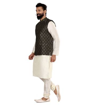 Men Black Jacquard Silk Nehru Jacket with Plain White Dupion Silk Kurta Churidar 3