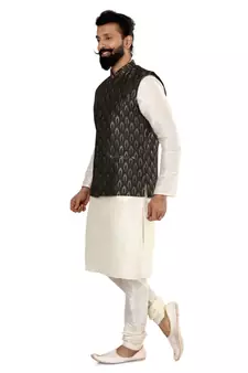 Men Black Jacquard Silk Nehru Jacket with Plain White Dupion Silk Kurta Churidar