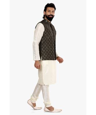 Men Black Jacquard Silk Nehru Jacket with Plain White Dupion Silk Kurta Churidar 4