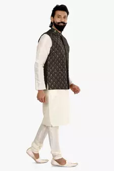 Men Black Jacquard Silk Nehru Jacket with Plain White Dupion Silk Kurta Churidar