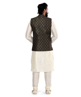 Men Black Jacquard Silk Nehru Jacket with Plain White Dupion Silk Kurta Churidar 5