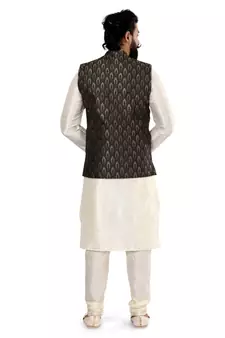 Men Black Jacquard Silk Nehru Jacket with Plain White Dupion Silk Kurta Churidar