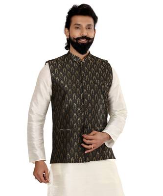 Men Black Jacquard Silk Nehru Jacket with Plain White Dupion Silk Kurta Churidar 6