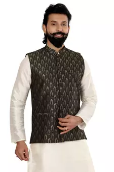 Men Black Jacquard Silk Nehru Jacket with Plain White Dupion Silk Kurta Churidar