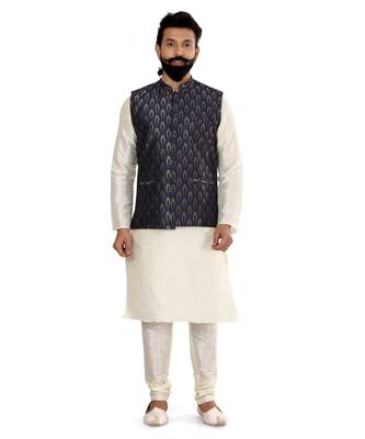 Men Blue Jacquard Silk Nehru Jacket with Plain White Dupion Silk Kurta Churidar 2