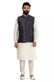 Men Blue Jacquard Silk Nehru Jacket with Plain White Dupion Silk Kurta Churidar