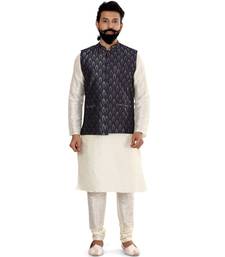 Men Blue Jacquard Silk Nehru Jacket with Plain White Dupion Silk Kurta Churidar