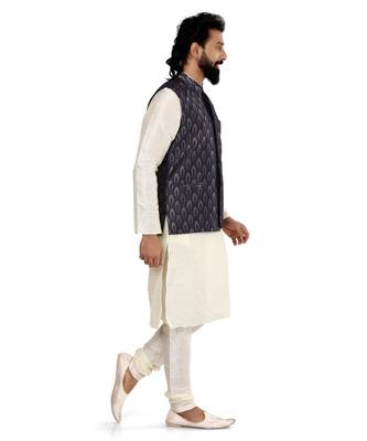 Men Blue Jacquard Silk Nehru Jacket with Plain White Dupion Silk Kurta Churidar 3