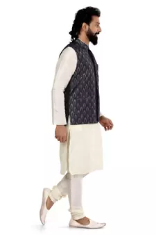 Men Blue Jacquard Silk Nehru Jacket with Plain White Dupion Silk Kurta Churidar