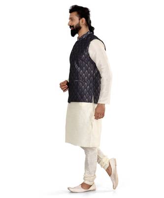 Men Blue Jacquard Silk Nehru Jacket with Plain White Dupion Silk Kurta Churidar 4