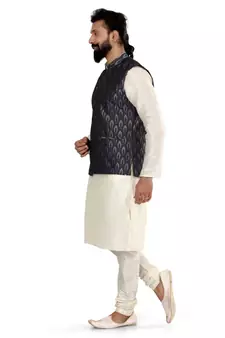Men Blue Jacquard Silk Nehru Jacket with Plain White Dupion Silk Kurta Churidar