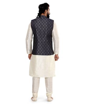 Men Blue Jacquard Silk Nehru Jacket with Plain White Dupion Silk Kurta Churidar 5