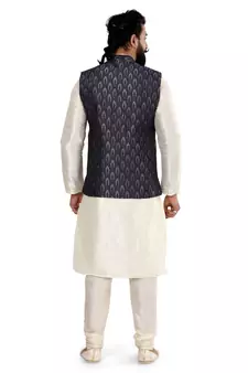 Men Blue Jacquard Silk Nehru Jacket with Plain White Dupion Silk Kurta Churidar